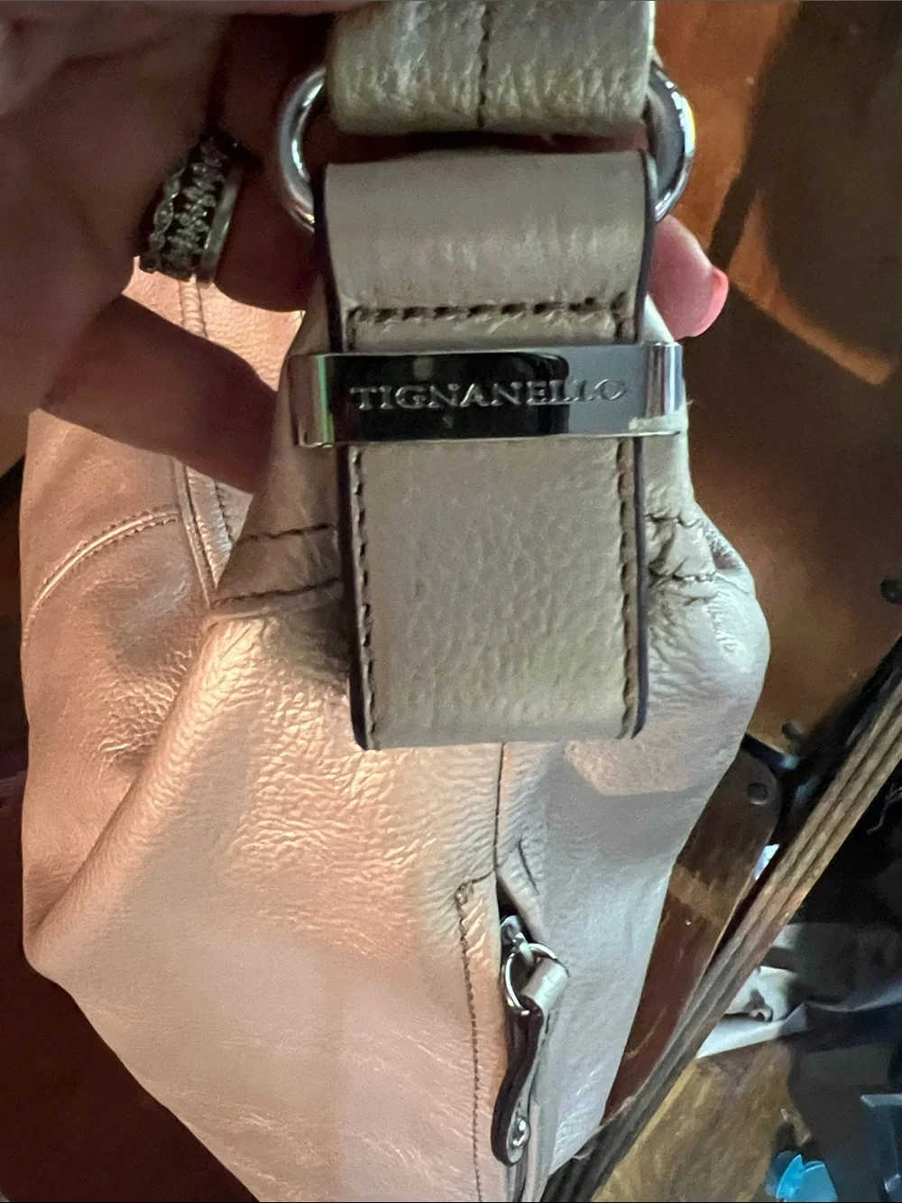 Tignanello Metallic Taupe Leather Shoulder Hobo